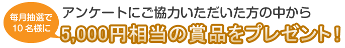 アンケートにご協力いただいた方の中から毎月抽選で10名様に5,000円相当の賞品をプレゼント!
